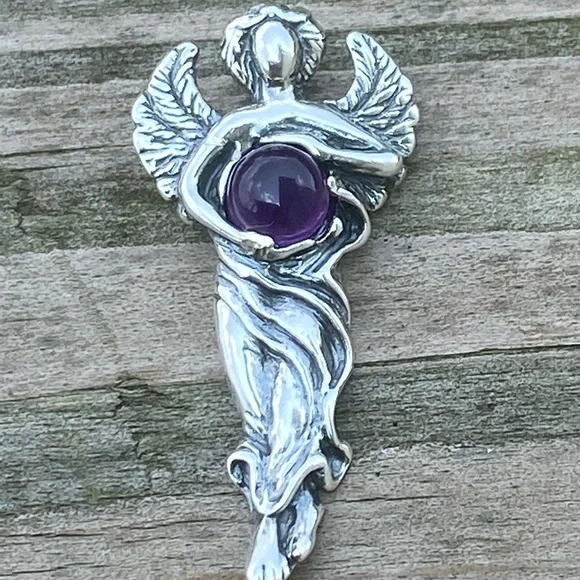 Dream Angel Pendant solid .925 Sterling Silver w/ genuine Amethyst made in USA - Picture 7 of 12